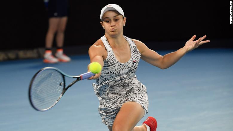 Barty plays a forehand return to Danielle Collins of the U.S during the women&#39;s singles final at the Australian Open tennis championships in Saturday, Jan. 29, 2022.