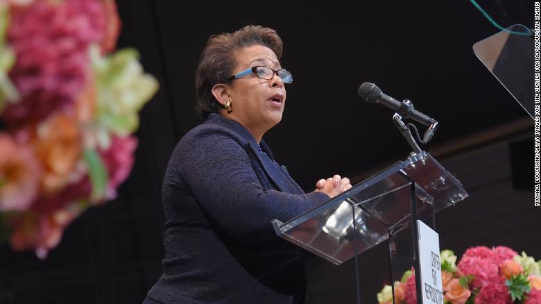 Loretta Lynch speaks at The Center For Reproductive Rights Hosts 25th Anniversary Celebration on October 24, 2017 in New York City.