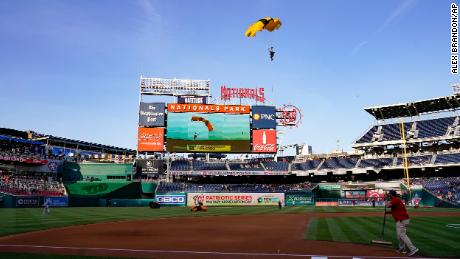 A Golden Knights member descends into the state park before a baseball game between the Washington Nationals and Arizona Diamondbacks on Wednesday, April 20, 2022.