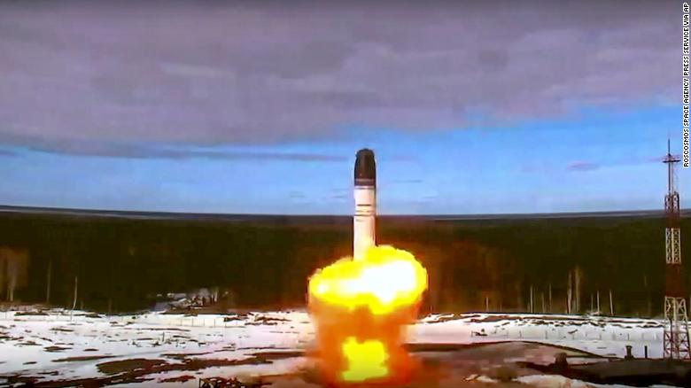 In this handout photo released by Roscosmos Space Agency Press Service on Wednesday, April 20, 2022, the Sarmat intercontinental ballistic missile is launched from Plesetsk in Russia's northwest.