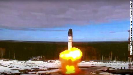In this handout photo released by Roscosmos Space Agency Press Service on Wednesday, April 20, 2022, the Sarmat intercontinental ballistic missile is launched from Plesetsk in Russia & # 39; s northwest.