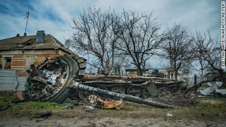 A Russian tank is destroyed and its turret detonated after a battle near Kharkiv, Ukraine.