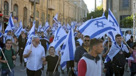 Israelis participate in a 'flag march' in Jerusalem organized by nationalist parties on Wednesday.