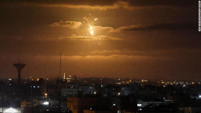 Israel&#39;s Iron Dome air defense system launches missiles to intercept rockets fired from Gaza early on April 21.