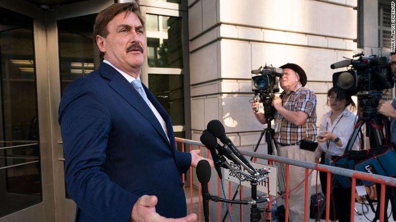MyPillow chief executive Mike Lindell, speaks to reporters outside federal court in Washington, Thursday, June 24, 2021.