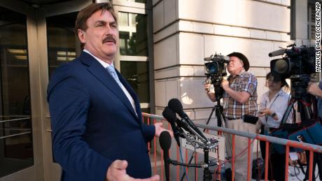 MyPillow chief executive Mike Lindell, speaks to reporters outside federal court in Washington, Thursday, June 24, 2021.