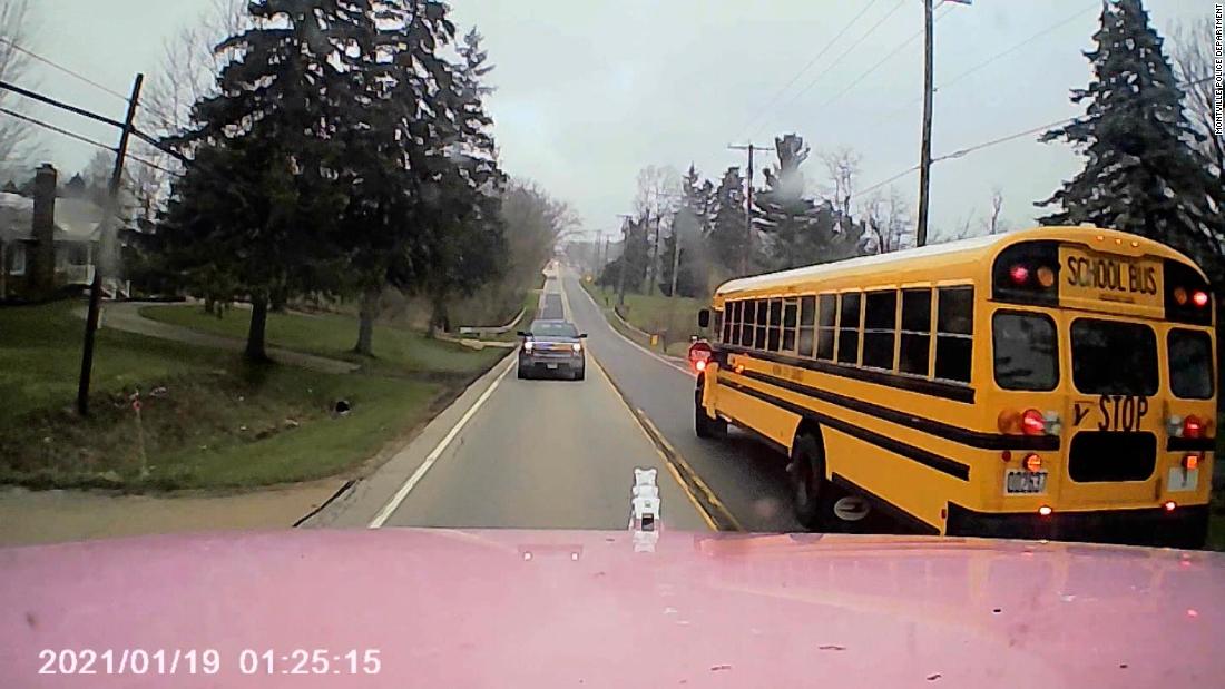 Videos show moments a driver lost control of a tractor trailer that narrowly avoided hitting an Ohio school bus