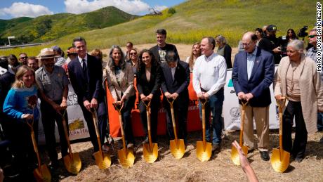 California Governor Gavin Newsom, third from left, joins other dignitaries at a groundbreaking ceremony for the Wallis Annenberg Wildlife Crossing on Friday.