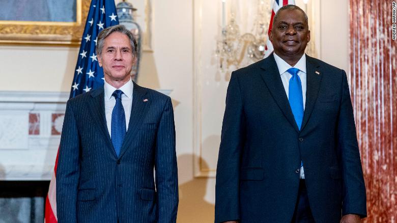 US Secretary of State Antony Blinken, left, and Defense Secretary Lloyd Austin pose for a photograph at the State Department in Washington, DC, on September 16, 2021.