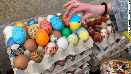 Easter baskets will be sent to soldiers complete with decorative eggs featuring messages of encouragement.  Here one note reads: "Come back alive"  while another says "Glory to Ukrainian armed forces and the air defense system."