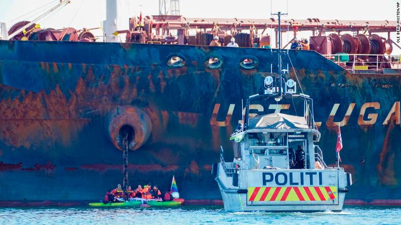 A police boat at the scene as members of Greenpeace stage a protest against the Ust Luga on Monday, April 25.