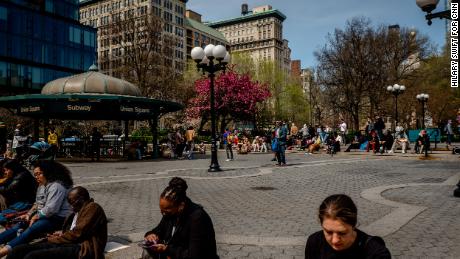 People hanging out at Union Square in New York City. 