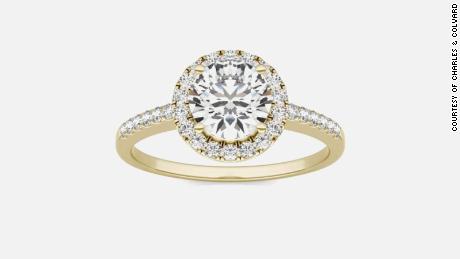 Charles and Colvard&#39;s 1 1/3 ctw round Caydia lab grown diamond Halo engagement ring in 14K yellow gold (Price: $2,919.20)
