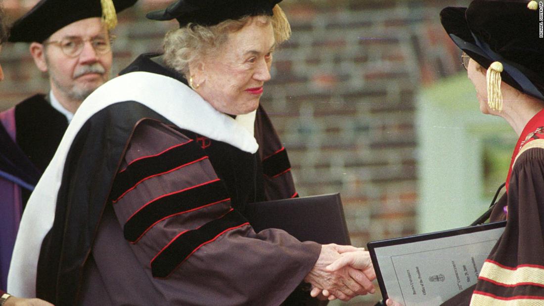 Child is congratulated after receiving an honorary doctorate from Brown University in Providence, Rhode Island, in 2000.