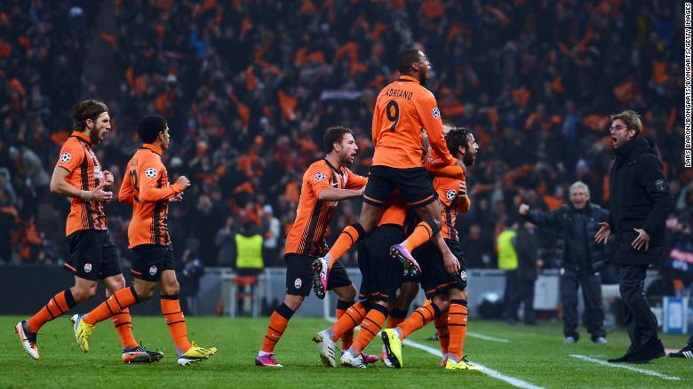 Darijo Srna celebrates after scoring against Borussia Dortmund in the Champions League at the Donbass Arena in 2013. The following year, Shakhtar was forced from its home.