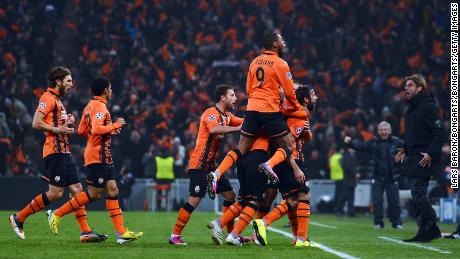 Darijo Srna celebrating the victory over Borussia Dortmund in the Champions League at the Donbass Arena in 2013.  The following year, Shakhtar were forced to leave their home.