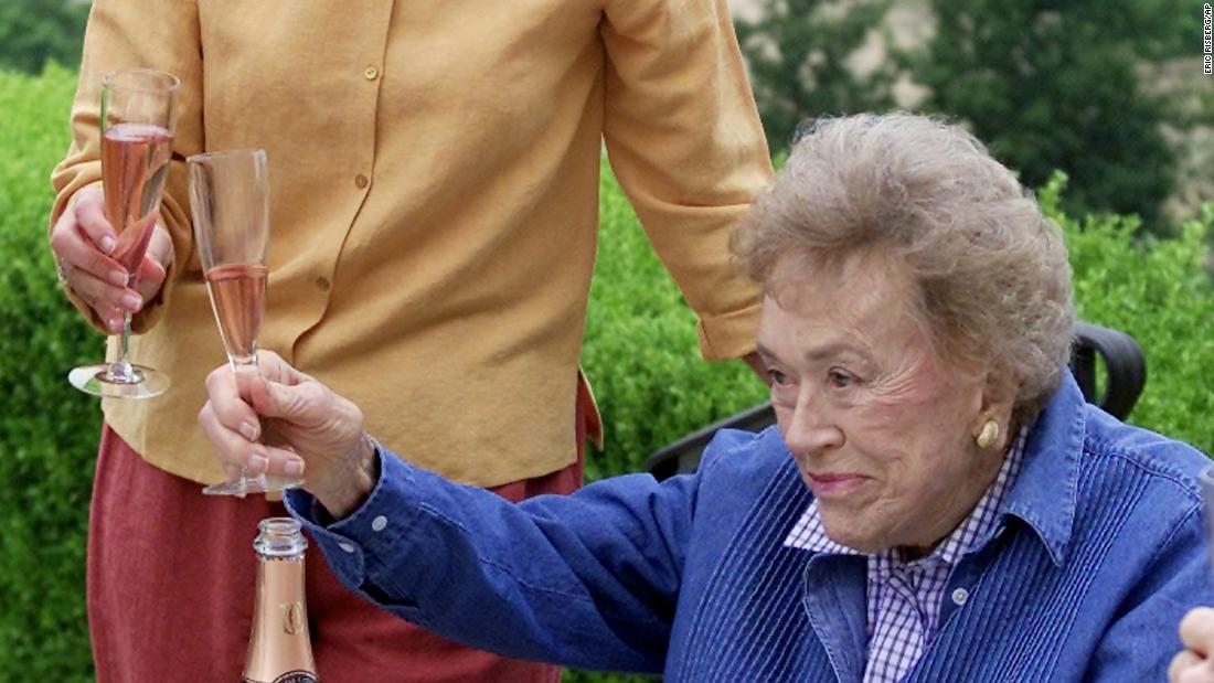 Child and winemaker Eileen Crane share a toast during a brunch to celebrate Child&#39;s 90th birthday in Napa, California, in 2002.