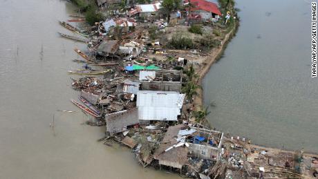 Damaged houses in the central Philippines after Super Typhoon Haiyan in November 2013.