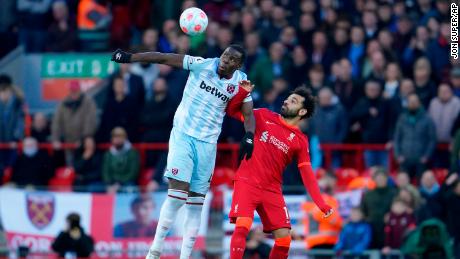 West Ham's Kurt Zouma, left, and Mohamed Salah battle for the ball during the Premier League soccer match between Liverpool and West Ham United at Anfield in March 2022. Bowen admires Salah.  ;  s work ethic.