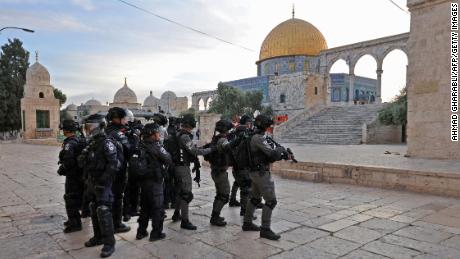 Israeli police and Palestinian demonstrators (not pictured) clash at Jerusalem&#39;s Al-Aqsa mosque compound after the morning prayer in east Jerusalem on April 22, on the third Friday of the holy month of the Ramadan.