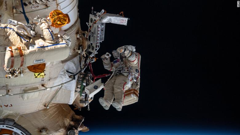 Russian cosmonauts Denis Matveev and Oleg Artemyev worked outside the station&#39;s Russian segment for six hours and 37 minutes on April 18. Artemyev is shown, identifiable by his spacesuit&#39;s red stripes.