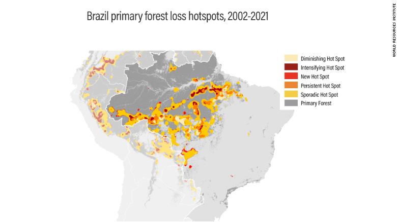 Pontos críticos de perda de floresta primária no Brasil