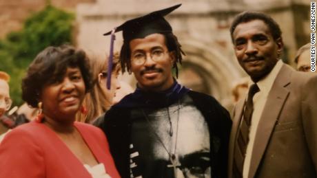 The photo shows Fan at his graduation from Yale Law School with his parents Willie and Loretta Jones.