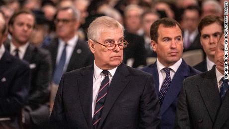 Prince Andrew at last month&#39;s memorial service for Prince Philip.