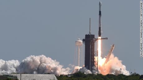 A SpaceX Falcon 9 rocket with a Crew Dragon spacecraft and four private astronauts launches from pad 39A at the Kennedy Space Center on April 8, 2022 in Cape Canaveral, Florida. 