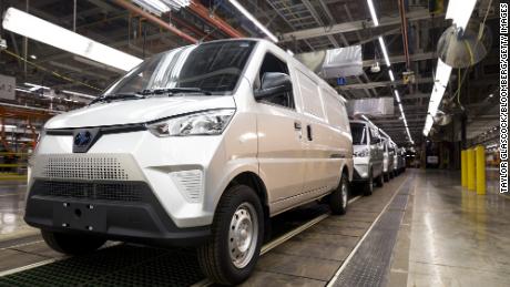 Urban Delivery electric vans on the production line at the Electric Last Mile Solutions factory in Mishawaka, Indiana, U.S. on Tuesday, September 28, 2021.