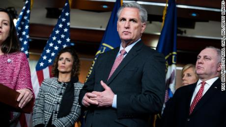 House Minority Leader Kevin McCarthy, center, and House Minority Whip Steve Scalise, R-La.  and House Republican Convention Chairman Elise Stefanik, RNY, at the Capitol Visitor Center on January 20, 2022.
