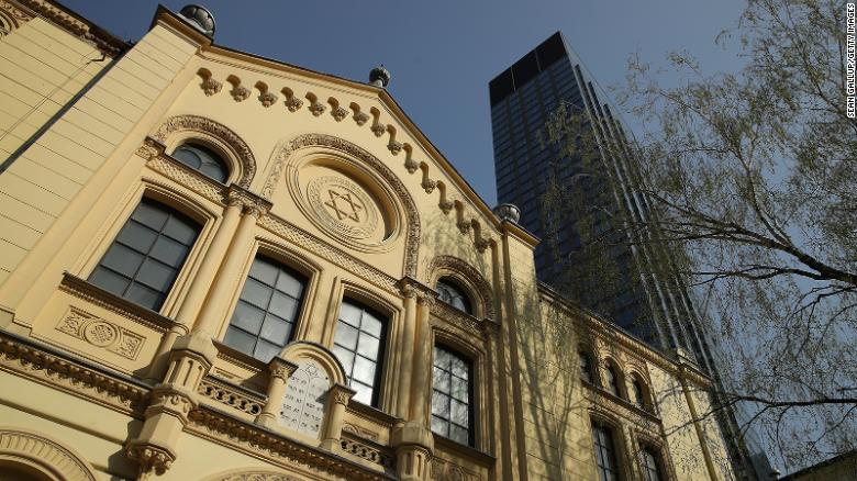 The Nożyk Synagogue, Warsaw&#39;s only surviving synagogue from before World War II, stands under a modern office building on April 12, 2018.