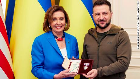 In this image released by the Ukrainian Presidential Press Office on Sunday, May 1, 2022, Ukrainian President Volodymyr Zelenskyy, right, awards the Order of Princess Olga, the third grade, to U.S. Speaker of the House Nancy Pelosi in Kyiv, Ukraine, Saturday, April 30, 2022. Pelosi, second in line to the presidency after the vice president, is the highest-ranking American leader to visit Ukraine since the start of the war, and her visit marks a major show of continuing support for the country&#39;s struggle against Russia.  (Ukrainian Presidential Press Office via AP)