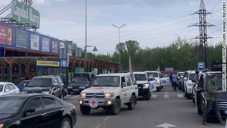 A convoy of evacuees from the besieged Azovstal steel plant arrives in Zaporizhia.