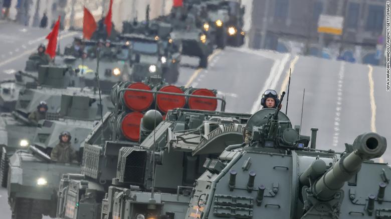 Russian military vehicles at a parade rehearsal on April 28.