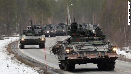 Swedish armored vehicles participate in a military exercise called &quot;Cold Response 2022&quot; of around 30,000 troops from NATO member nations along with Finland and Sweden in Norway on March 25.