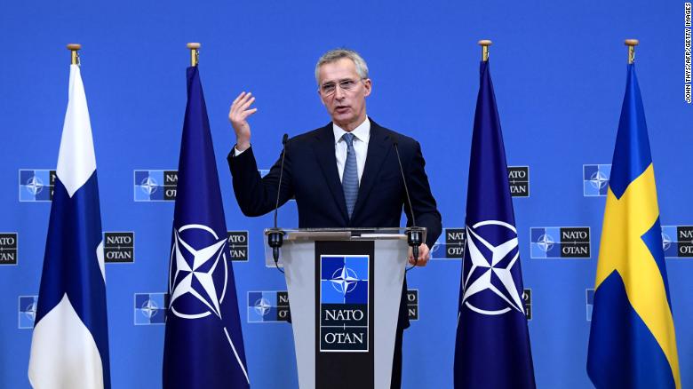 NATO Secretary General Jens Stoltenberg talks speaks during a joint press with Sweden and Finland's Foreign ministers after their meeting at the Nato headquarters in Brussels on January 24, 2022. 