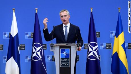 NATO Secretary General Jens Stoltenberg talks speaks during a joint press with Sweden and Finland&#39;s Foreign ministers after their meeting at the Nato headquarters in Brussels on January 24, 2022. 