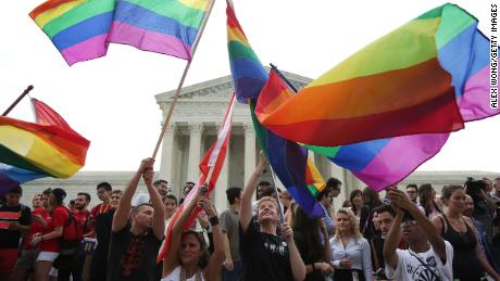 Supporters of same-sex marriage rejoice outside the Supreme Court in Washington, DC. after the U.S Supreme Court hands down a ruling regarding same-sex marriage, June 26, 2015. The high court ruled that same-sex couples have the right to marry in all 50 states.  (Photo by Alex Wong/Getty Images)