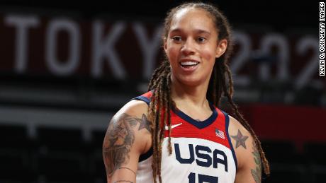 Griner looks on during the U.S. game against Serbia at last year’s Tokyo Olympics. 
