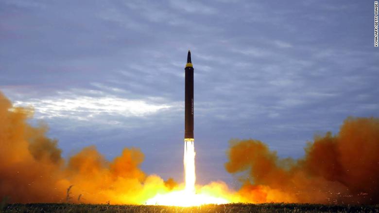 North Korea&#39;s intermediate-range strategic ballistic rocket Hwasong-12 lifts off in 2017. 