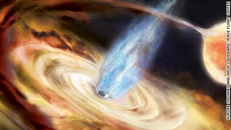 A black hole pulls material off a neighboring star and into an accretion disk in this illustration.