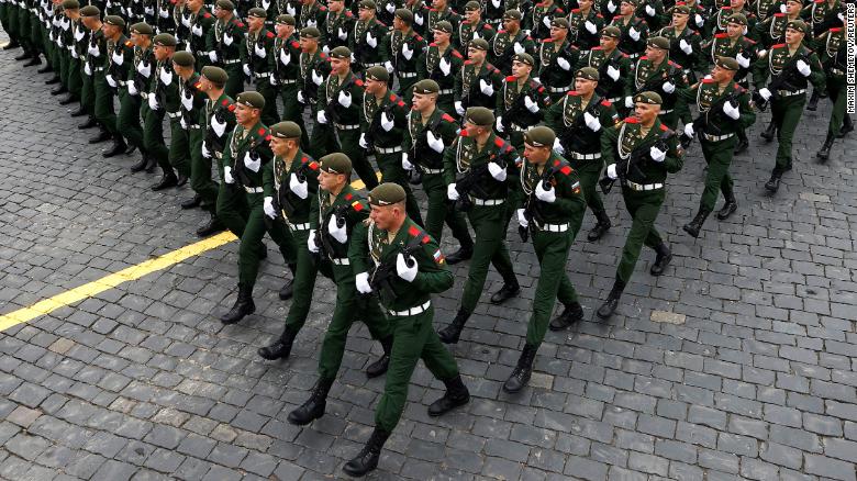 Russian service members marching on Red Square in central Moscow on May 9, 2021, to mark Victory Day. 