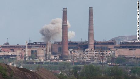 Smoke rises above a plant of Azovstal Iron and Steel Works during Ukraine-Russia conflict in the southern port city of Mariupol, Ukraine May 5, 2022.  