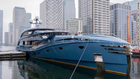 The 192ft super-yacht 'Phi'  remains seized at 'Dollar Bay'  in London Docklands, imposed by the UK's National Crime Agency because of sanctions against Putin associates during the Russian invasion of Ukraine, on March 30, in London.