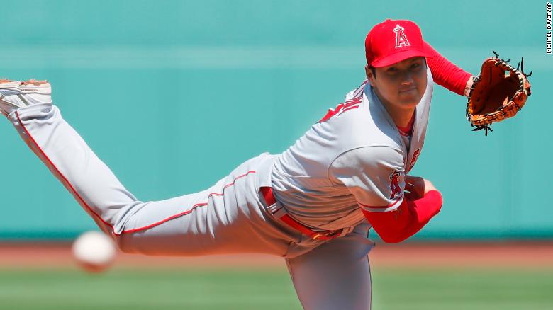 Los Angeles Angels&#39; Shohei Ohtani pitches during the first inning of a baseball game against the Boston Red Sox, Thursday, May 5, 2022, in Boston. (AP Photo/Michael Dwyer)