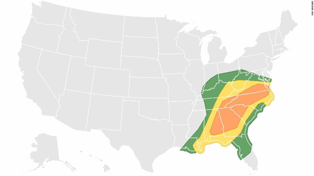 Severe storms threaten 70 million people across the Southeast and Mid-Atlantic today