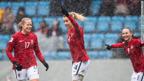 Hegerberg celebrates after scoring the first goal of his hat-trick against Kosovo.