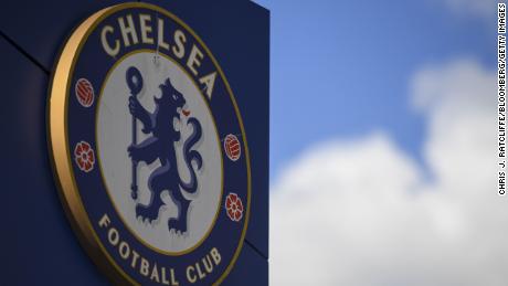 A Chelsea Football Club emblem at Stamford Bridge Stadium in London, UK.