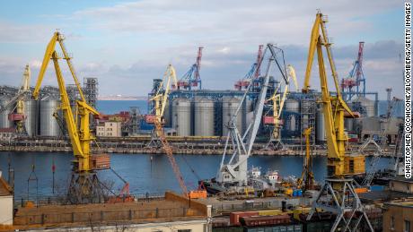 Storage silos and shipping cranes at Odesa&#39;s port, pictured earlier this year before Russia&#39;s war in Ukraine.  